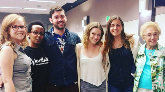 (L-R) Deanna Hendrick, Rwanda Survivor Edith Umugiraneza, former comms intern Alex Biniaz, current comms intern Emily Kocontes, myself Marina and Holocaust survivor Celina Biniaz. 