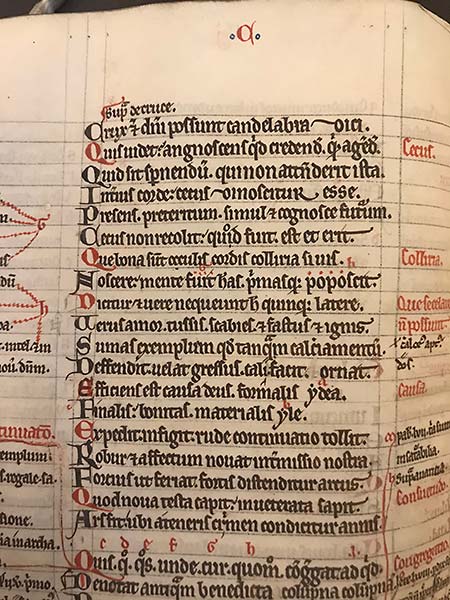 While Lipton was researching how medieval preachers talked about Gothic art, she noticed a pattern of negative references to Jews. Pictured is a 13th century English handbook for preachers, Versarius of William de Montibus [d. 1213]. British Library Add. ms. 16164, fol. 22v. &lt;em&gt;Courtesy Sara Lipton&lt;/em&gt; 